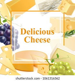 Realistic cheese of various kind with branches of grape, green leaves, frame background vector illustration