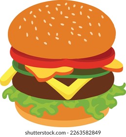Realistic Cheeseburger Illustration with Sesame Seeds. This vector art depicts a mouth-watering, juicy cheeseburger complete with sesame seeds on the bun. The burger is realistically rendered.