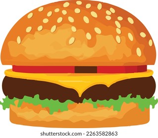 Realistic Cheeseburger Illustration with Sesame Seeds. This vector art depicts a mouth-watering, juicy cheeseburger complete with sesame seeds on the bun. The burger is realistically rendered.