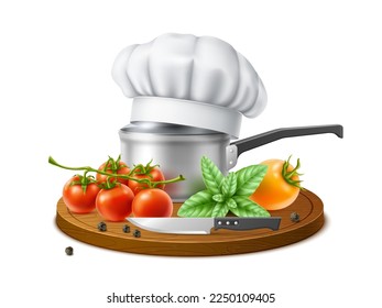 Realistic chef hat composition. Cooking cap with vegetables, herbs and tomatoes, basil on cutting board, cooking process, saucepan and kitchen knife. 3d isolated elements utter vector concept