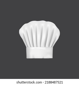 Realistic chef hat, cook cap and baker toque. 3d white chef hat. Restaurant kitchen staff uniform hat, cafe cook 3d vector cap or bakery baker isolated toque with creases