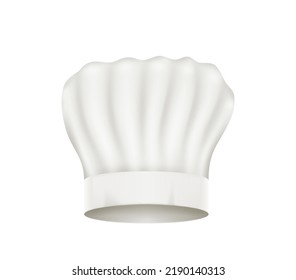 Realistic chef hat, cook cap and baker toque. 3d white chef hat. Restaurant stuff headwear, kitchen headdress, costume for culinary, isolated head wear clothes. Vector illustration