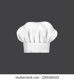 Realistic chef hat, cook cap and baker toque. 3d white chef hat. Cafe or restaurant chef uniform cloth, bakery shop baker 3d vector white hat, culinary and gastronomy symbol