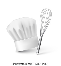 Realistic chef hat and kitchen whisk on plain background, vector illustration