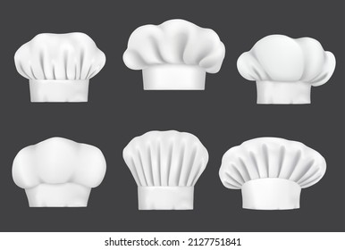 Realistic chef hats, cook cap and baker toque, vector mockups. White chef hats of different shapes, restaurant cook and culinary baker uniform or headwear, gourmet theme