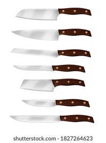 Realistic chef knife and kitchen knives vector illustration. Steel knives for meat and vegetables with a wooden handle. Butcher equipment on white background