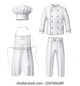 Realistic chef uniform. Cook clothes elements, professional work wear, white cap, apron, trousers and jacket, traditional hat, 3d isolated elements, costume for restaurant utter vector set