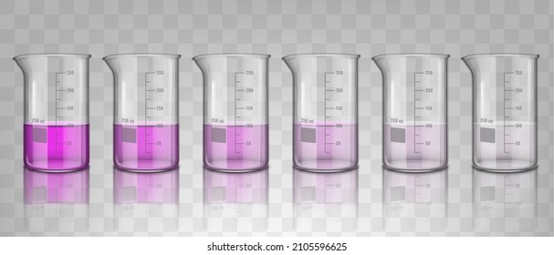 Realistic chemical beakers with solution in different concentration. Chemical lab glassware filled substance solution vector illustration. Lab measuring glassware and equipment tube glass transparent