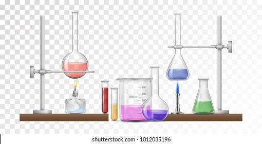 Equipamiento químico realista con frascos de vidrio y beakers, quemador y soporte. Equipos científicos de investigación química y médica con un estilo realista. ilustración de VEctor.