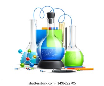 Realistic chemical flasks, test-tubes with atom symbol and pencil with notebook. Chemical study, chemist education concept. Pharmaceutical laboratory vector design. Glassware for lab research