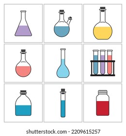 Máscaras químicas realistas, tubos de ensayo con símbolo átomo. Reacción química, diseño vectorial de laboratorio farmacéutico. Vidrio para investigación de laboratorio. Botellas de vidrio para reactivos.