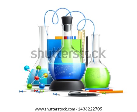 Realistic chemical flasks, test-tubes with atom symbol and pencil with notebook. Chemical study, chemist education concept. Pharmaceutical laboratory vector design. Glassware for lab research