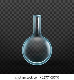 Realistic Chemical Glass Beaker Vessel Vector. Laboratory Glassware Vessel, Florence Flask Beaker With Round Body And Longer Neck Image Isolated On Transparency Grid Background. 3d Illustration