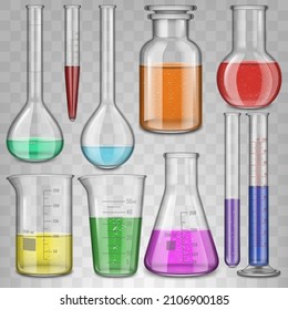 Realistisches chemisches Laborglas-Becherglas, gefüllte Teströhren, Messkolben, Glaswaren-Ausrüstung. Laborchemikalische Tests Glaswaren Vektorgrafik Set. Labyrinth-Messgerät-Glas für Labormedizin