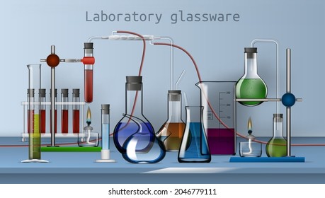 Realistic Chemical Laboratory Equipment Set. Glass Flasks, Beakers, Spirit Lamps. EPS10 Vector