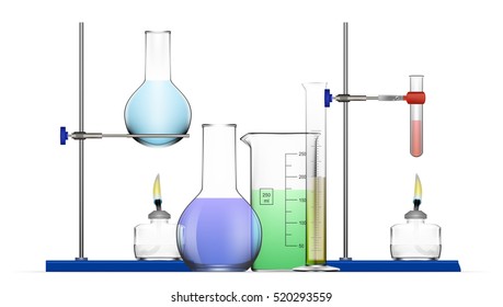 Realistic Chemical Laboratory Equipment Set. Glass Flasks, Beakers, Spirit Lamps. EPS10 Vector