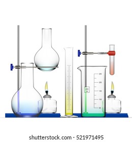 Realistic Chemical Laboratory Equipment Set. Glass Flasks, Beakers, Spirit Lamps. EPS10 Vector