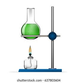 Realistic Chemical Laboratory Equipment Set. Glass Flasks, Beakers, Spirit Lamps. EPS10 Vector