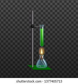 Realistic Chemical Laboratory Equipment Vector. Laboratory Glass Flask With Green Liquid, Beaker And Spirit Alcohol Lamp Isolated Image On Transparency Grid Background. 3d Illustration