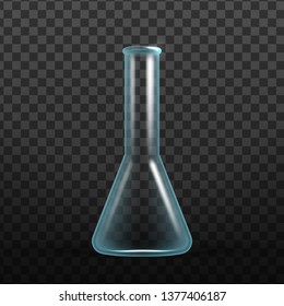 Realistic Chemisrty Science Glass Flask Vector. Titration Flask With Wide Bases, Sides Taper Upward To Long Vertical Neck For Reactive Image Isolated On Transparency Grid Background. 3d Illustration