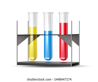 Realistic chemistry laboratory tube with blue, red and yellow liquid. Chemical experiment glassware for education design. Vector pharmaceutical flasks, test-tube. Symbol of discovery and chemistry.