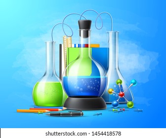 Realistic chemistry laboratory tubes set on  blue. Chemical experiment glassware for education design. Vector pharmaceutical flasks, beaker and test-tubes. Symbol of discovery and chemistry. - Shutterstock ID 1454418578