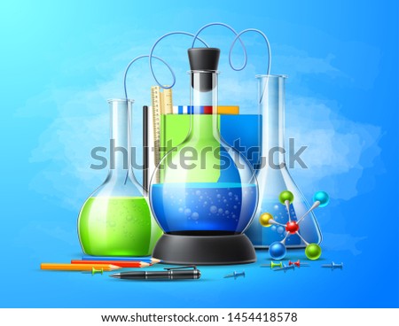 Realistic chemistry laboratory tubes set on  blue. Chemical experiment glassware for education design. Vector pharmaceutical flasks, beaker and test-tubes. Symbol of discovery and chemistry.