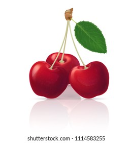 Realistic cherries. Full editable, isolated on white. Fresh, ripe, red cherry with leaf. 