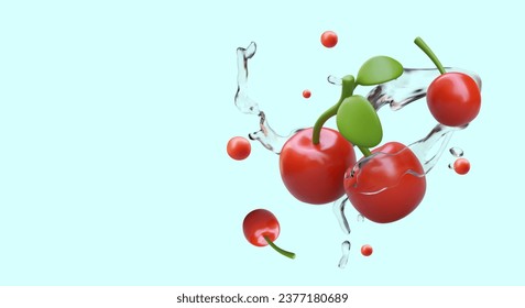 Realistic cherries in water splashes. Color vector concept. Advertisement of berry juice. Sale of fresh cherries. Template with place for text, price, link button