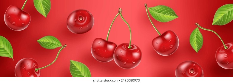 Realistic cherry background with leaves, water drops. Vector illustration of fresh cherry flying on red background.