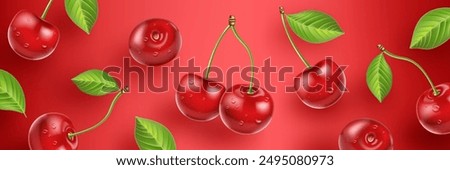 Realistic cherry background with leaves, water drops. Vector illustration of fresh cherry flying on red background.