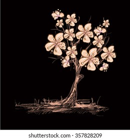 Realistic Cherry blossom, sakura tree free hand style on white background