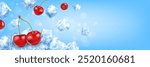 Realistic cherry with flying ice cubes on light blue background. Banner concept for fresh cold beverage ads with text space.