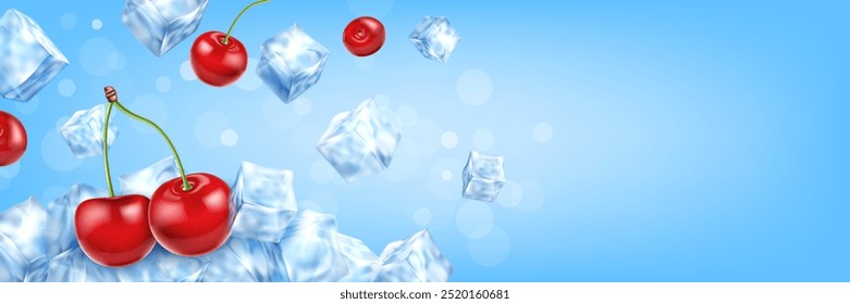 Realistic cherry with flying ice cubes on light blue background. Banner concept for fresh cold beverage ads with text space.