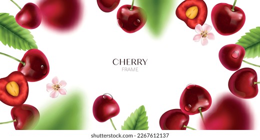 Realistic cherry frame composition with editable text surrounded by images of green leaves and flying berries vector illustration