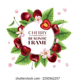 Realistic cherry frame composition with ornate text in circle surrounded by leaves flower petals and berries vector illustration