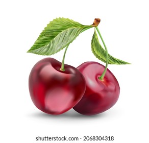 Realistic cherry with fresh leaves, red juicy on a white background for design