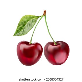 Realistic cherry with fresh leaves, red juicy on a white background for design