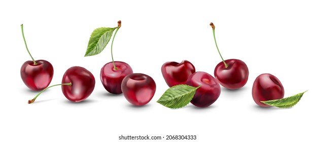 Realistic cherry with fresh leaves, red juicy on a white background for design