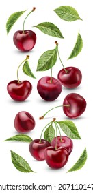 Realistic cherry with fresh leaves, red juicy on a white background for design.