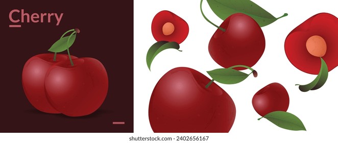 Realistic cherry with fresh leaves. Sour cherry. Cherries with leaves on white background. Sour cherries. Cherry set.