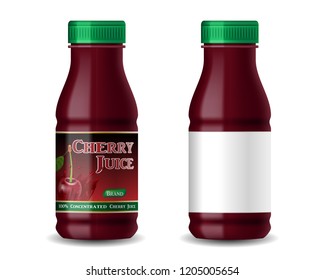 Realistic cherry juice bottle isolated on white. 3d juice package design and with blank label. Vector illustration