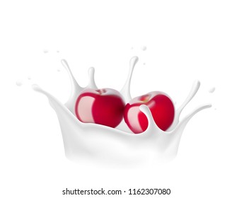 Realistic cherry with milk splash isolated on white background. Vector illustration. EPS10.