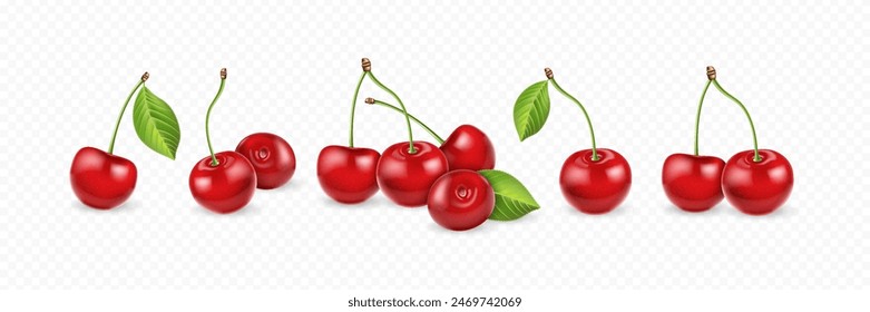 Realistic cherry set with green leaves on transparent background. Various cherry compositions for design mockup. 3D realistic vector illustration.