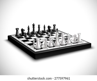 Realistic chess board with 3d black and white figures set vector illustration