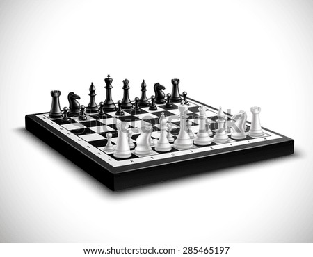 Realistic chess board with 3d black and white figures set vector illustration