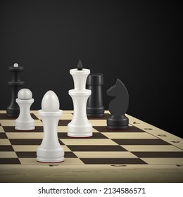 Realistic chess game with black and white pieces on wooden board vector illustration. Intelligence competition strategy tournament logical hobby. Chessboard sport tournament with figures