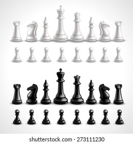 Realistic chess game black and white figures set isolated vector illustration