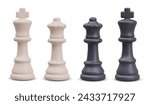 Realistic chess king and queen. Main pieces on chessboard. Set of white and black figures