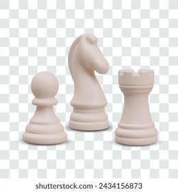 Realistic chess knight, pawn, rook. White chess pieces. Vector isolated elements